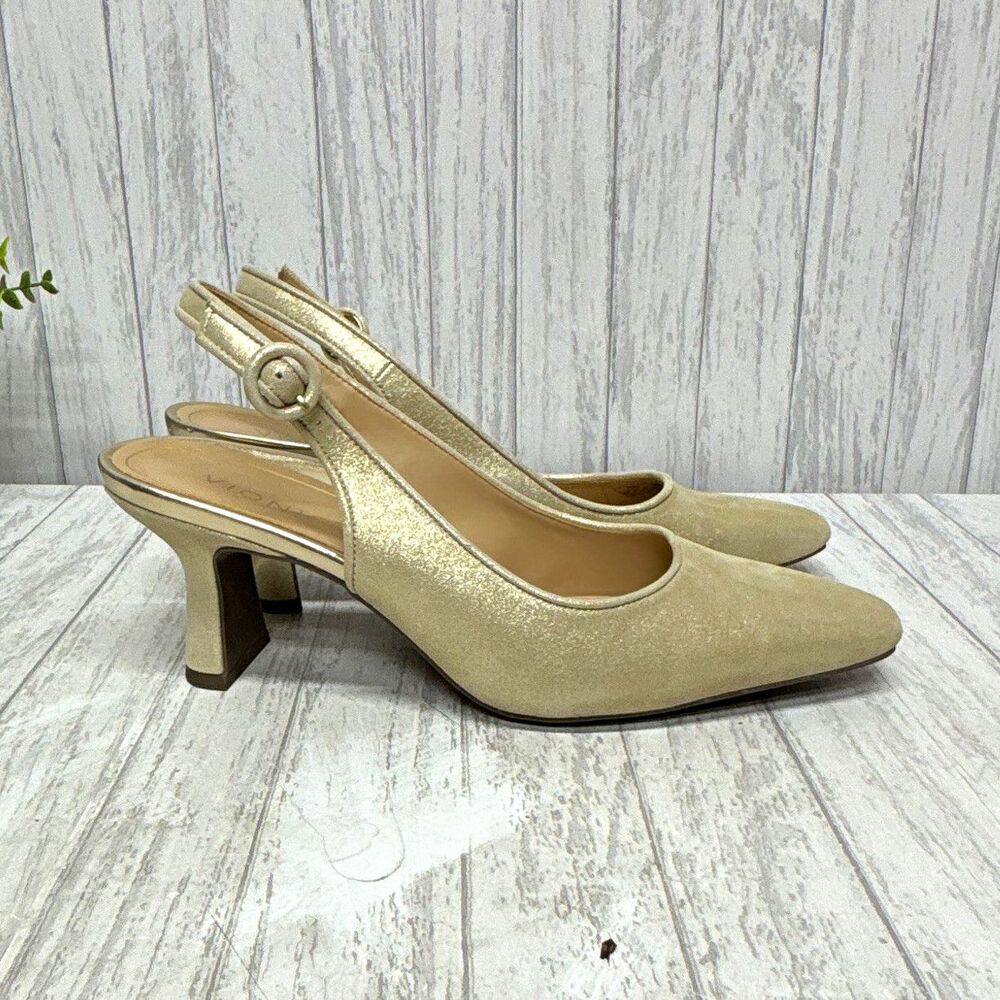 Vionic Womens Size 10 Gold Slingback Block Heel Pointed Toe Buckle Straps